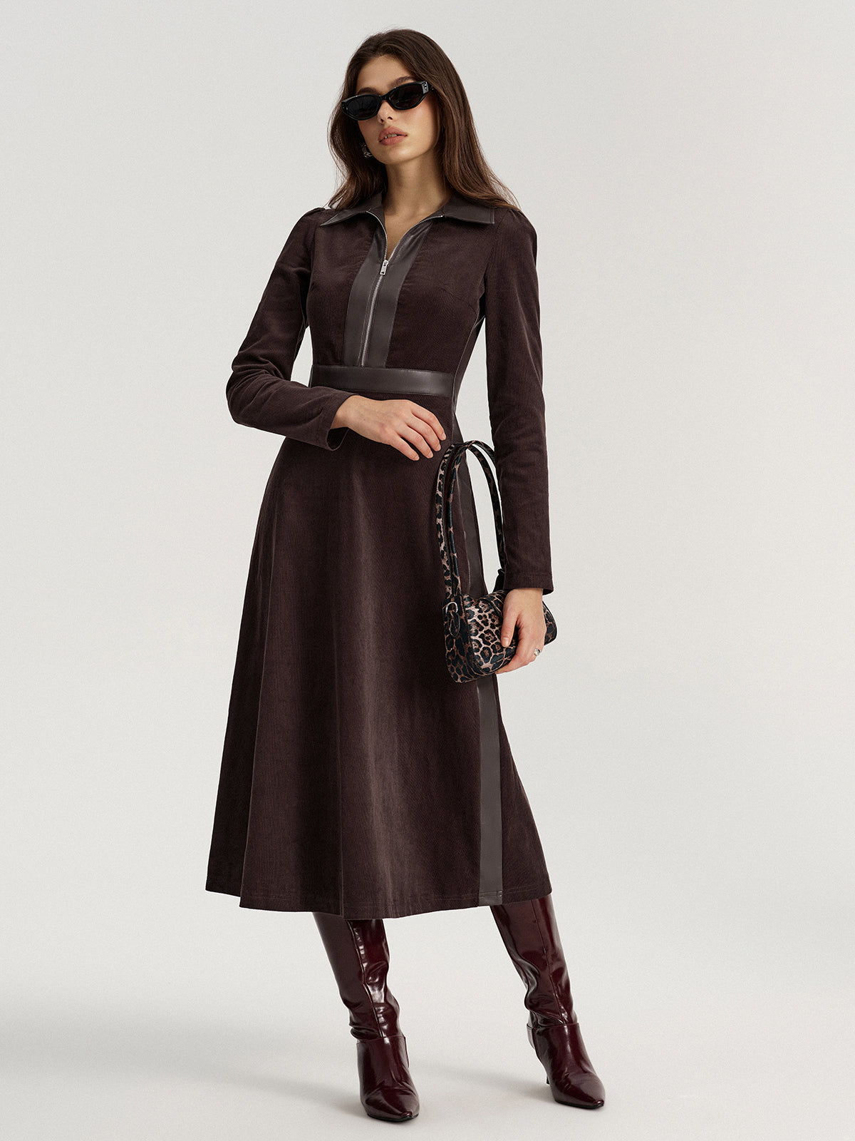 Corduroy Midi Dress with Faux Leather Detail