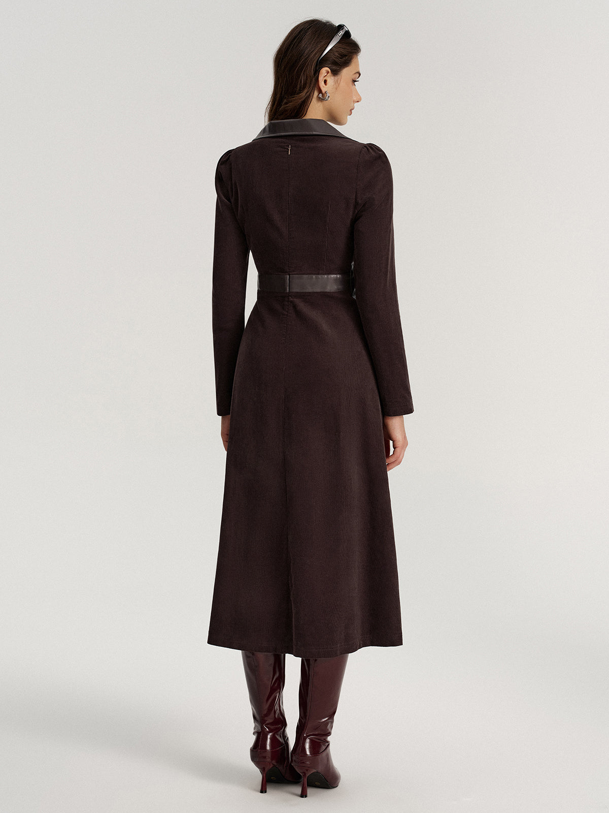 Corduroy Midi Dress with Faux Leather Detail
