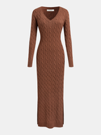 V-Neck Maxi Sweater Dress with Cable Knit Detail