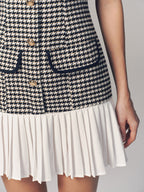 Houndstooth Pleated Mini Dress with Sleeveless Design