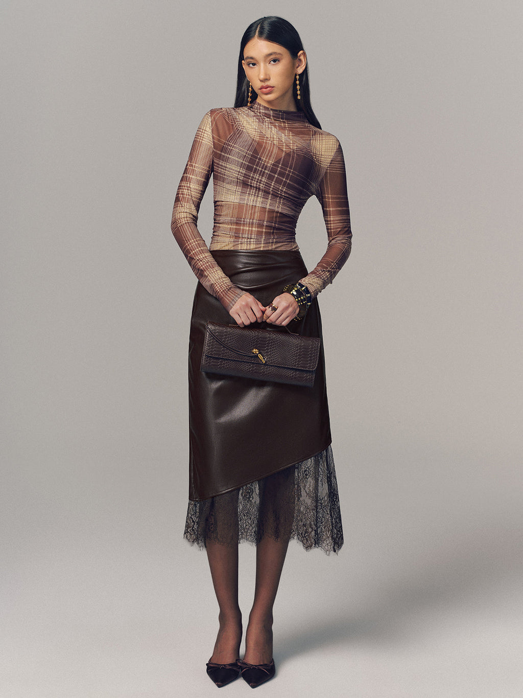 Lightweight Plaid Mesh Blouse with Semi-Sheer Design