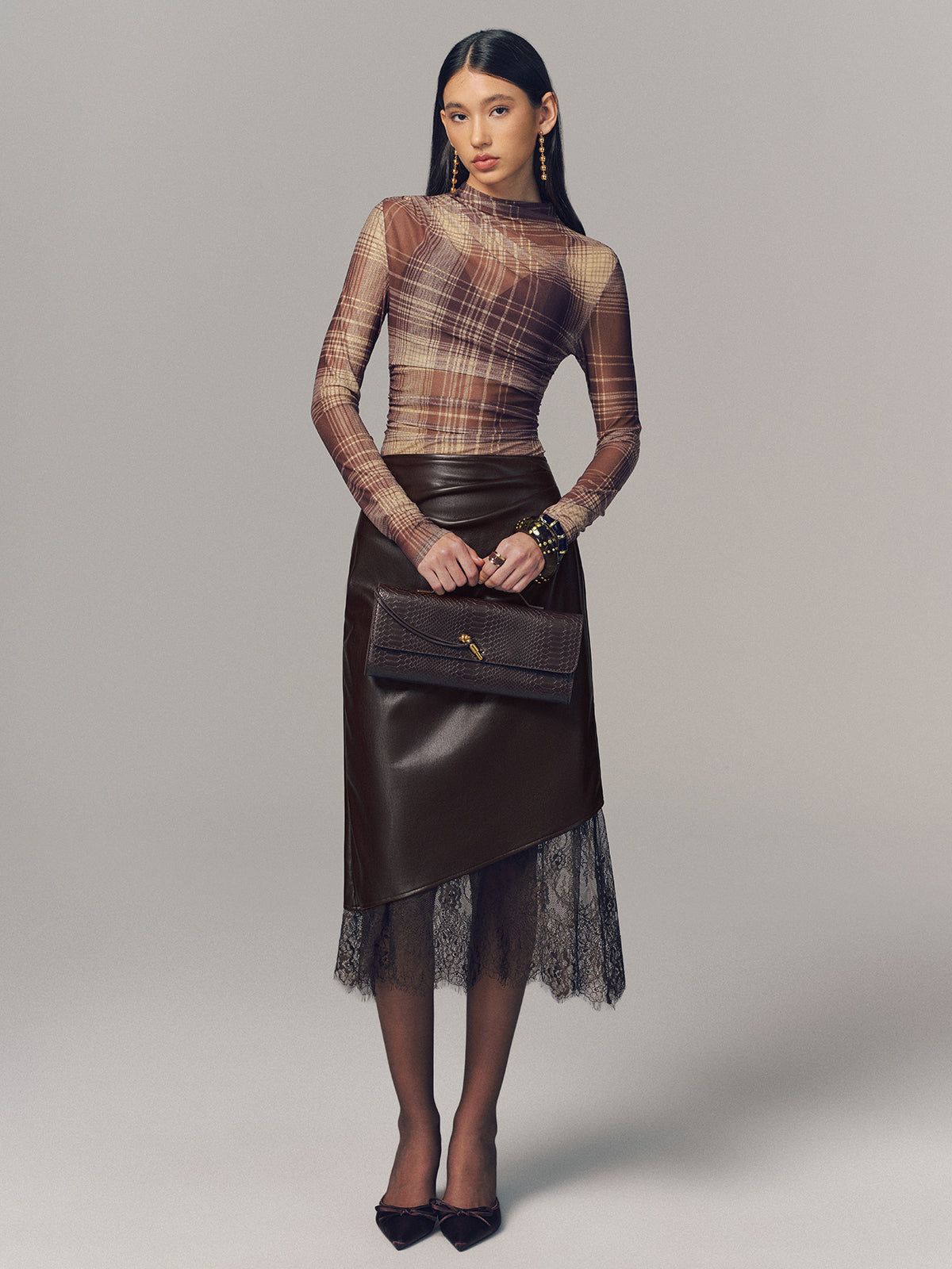 Lightweight Plaid Mesh Blouse with Semi-Sheer Design