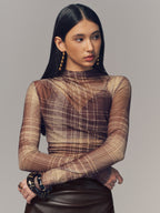 Lightweight Plaid Mesh Blouse with Semi-Sheer Design