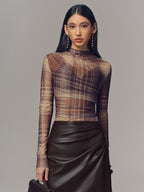 Lightweight Plaid Mesh Blouse with Semi-Sheer Design