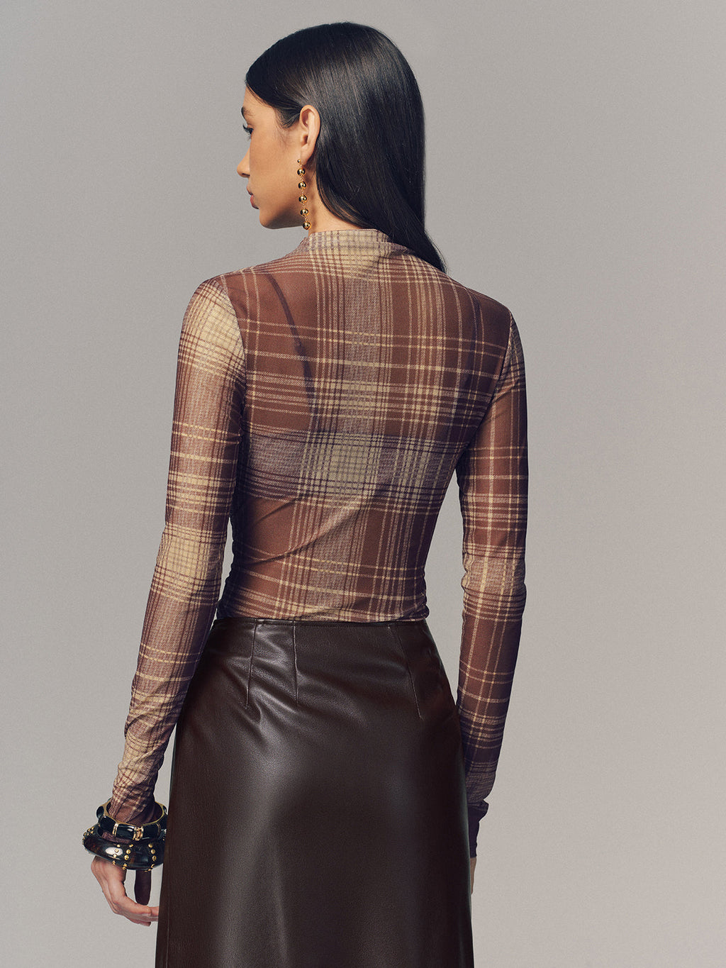 Lightweight Plaid Mesh Blouse with Semi-Sheer Design