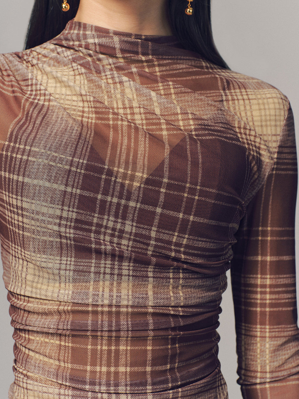 Lightweight Plaid Mesh Blouse with Semi-Sheer Design