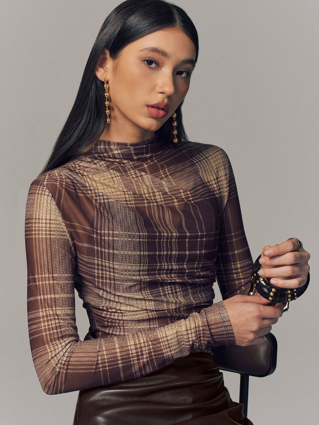 Lightweight Plaid Mesh Blouse with Semi-Sheer Design