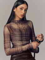 Lightweight Plaid Mesh Blouse with Semi-Sheer Design