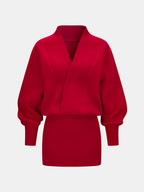 V-Neck Ribbed Knit Wrap Mini Dress