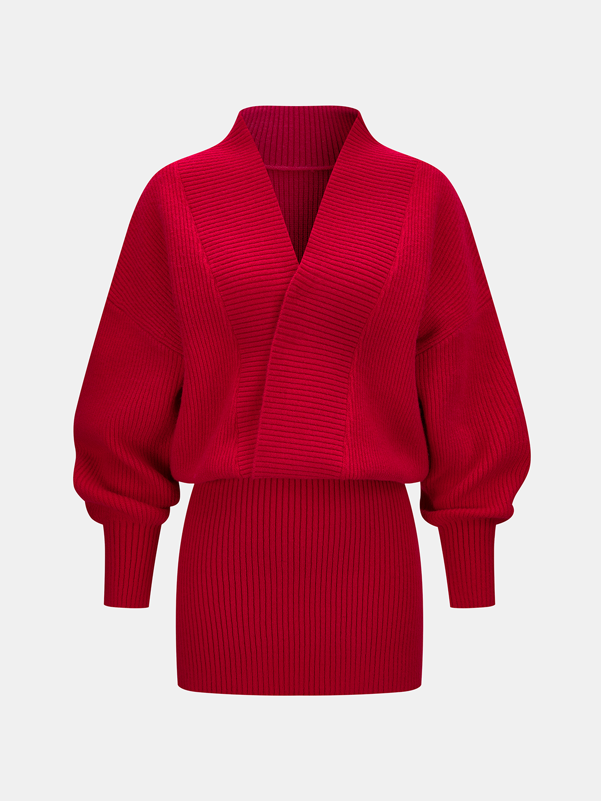 V-Neck Ribbed Knit Wrap Mini Dress