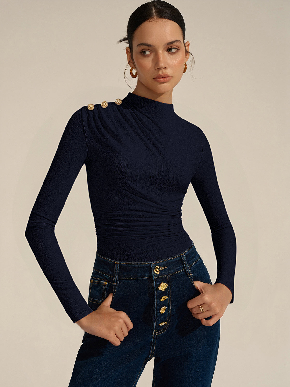 Ruched Shoulder Long Sleeve Fitted Bodysuit