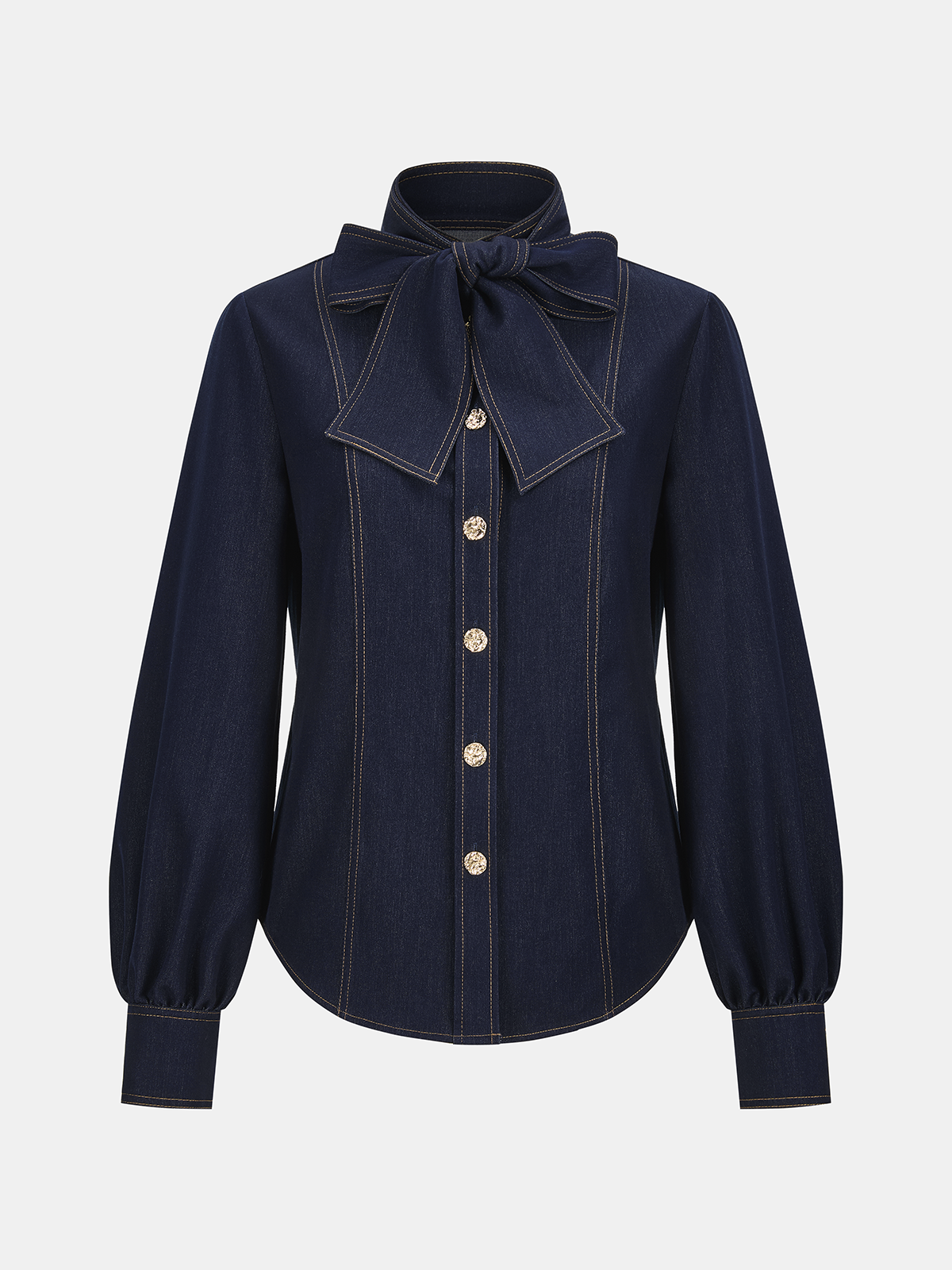 Chic Bow Collar Denim Blouse for Casual Wear