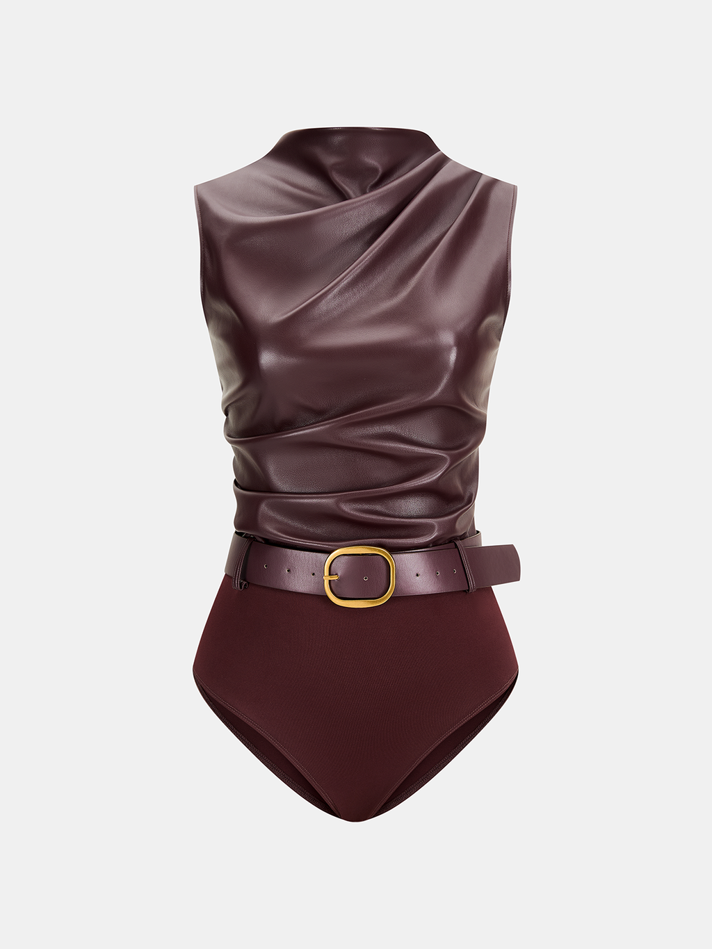 Ruched Sleeveless Belted Faux Leather Bodysuit