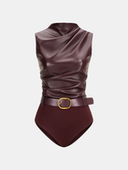 Ruched Sleeveless Belted Faux Leather Bodysuit
