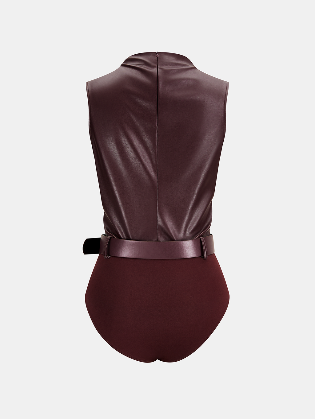 Ruched Sleeveless Belted Faux Leather Bodysuit