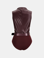 Ruched Sleeveless Belted Faux Leather Bodysuit