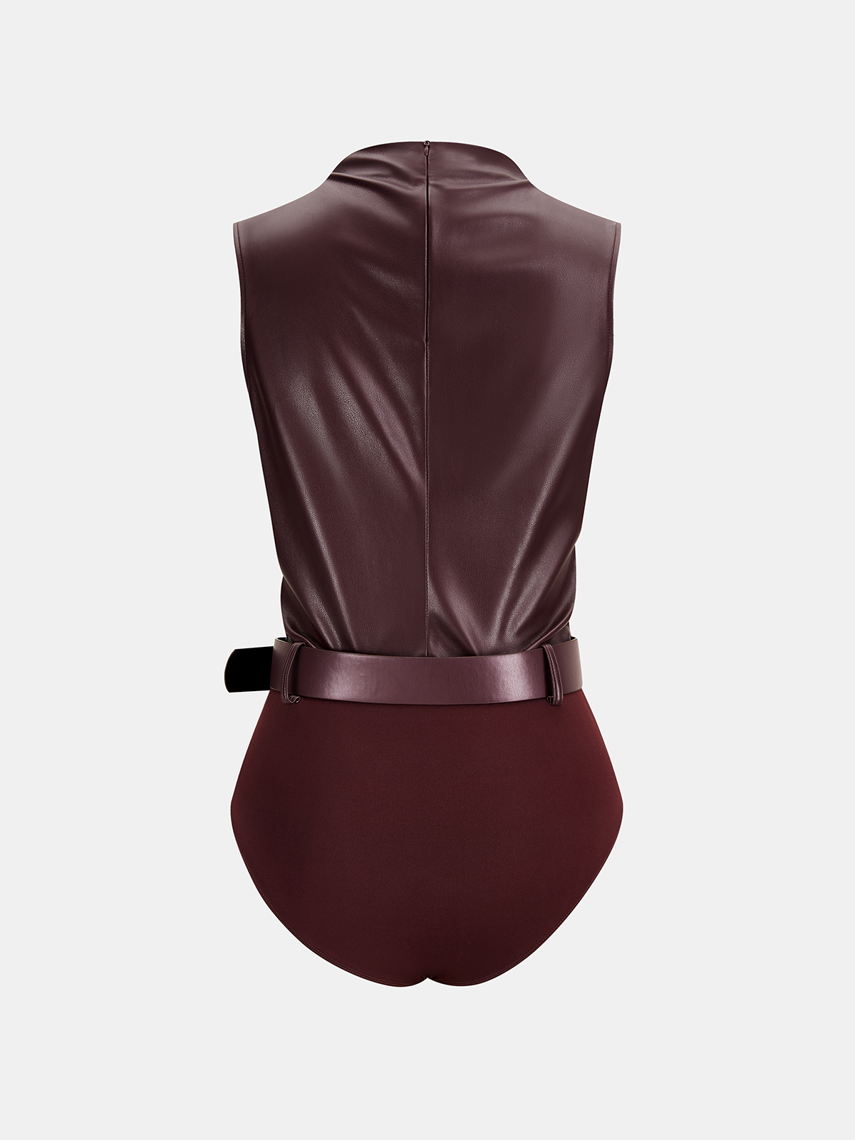 Ruched Sleeveless Belted Faux Leather Bodysuit