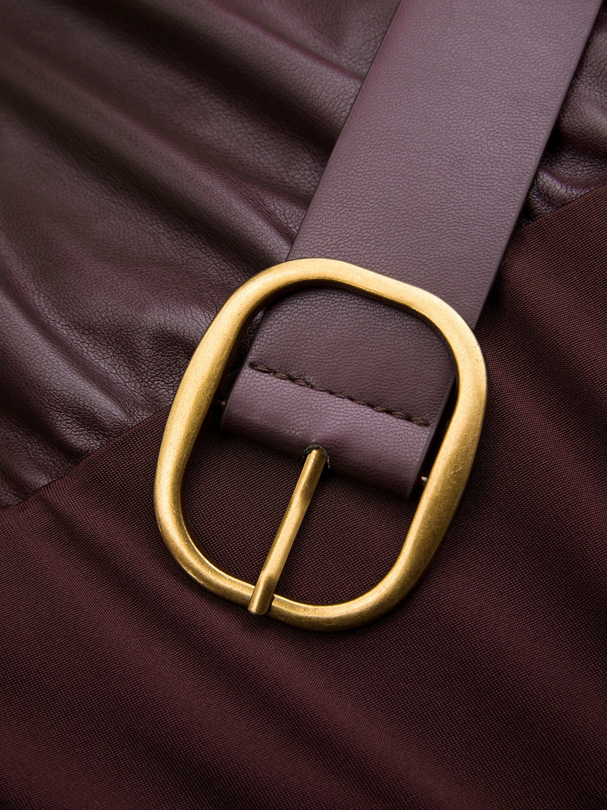 Ruched Sleeveless Belted Faux Leather Bodysuit