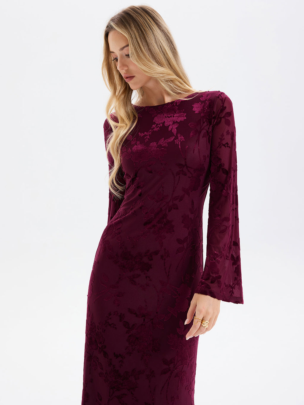 Elegant Floral-Jacquard Backless Maxi Gown