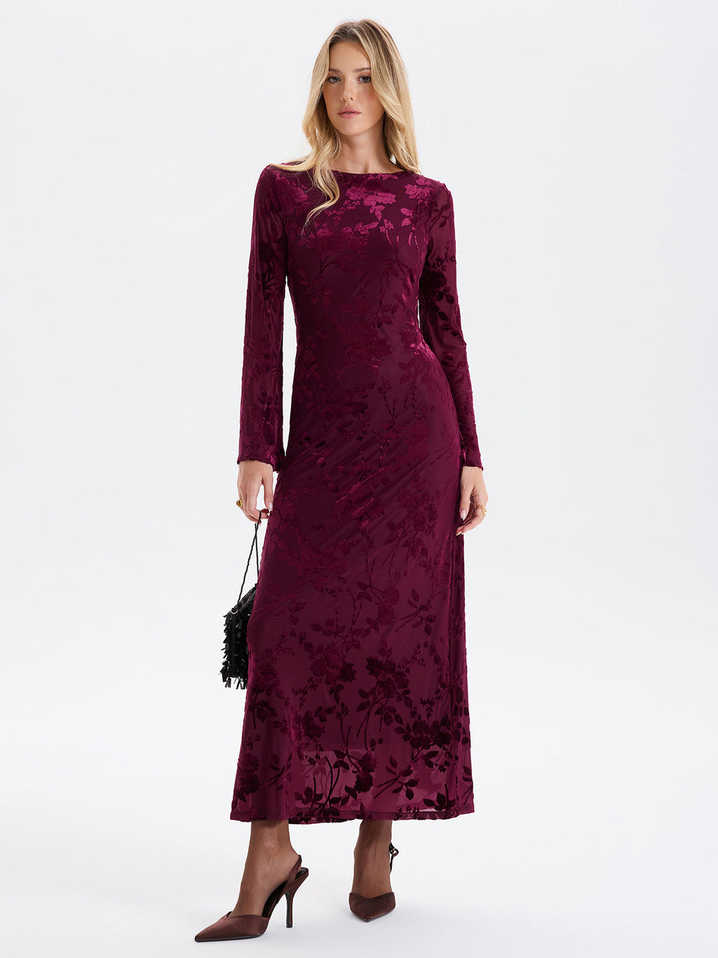 Elegant Floral-Jacquard Backless Maxi Gown