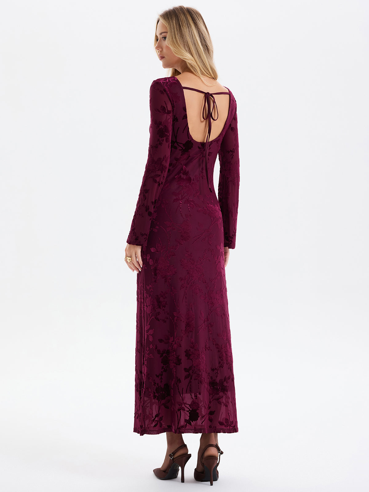 Elegant Floral-Jacquard Backless Maxi Gown