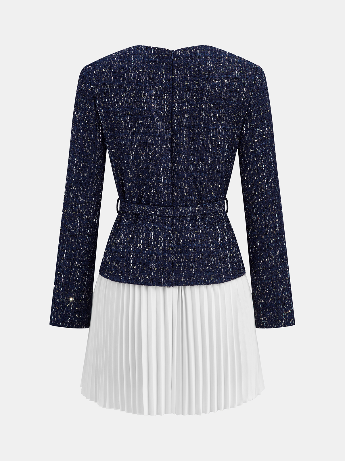 Tweed Mini Dress with Pleated Hem and Belt