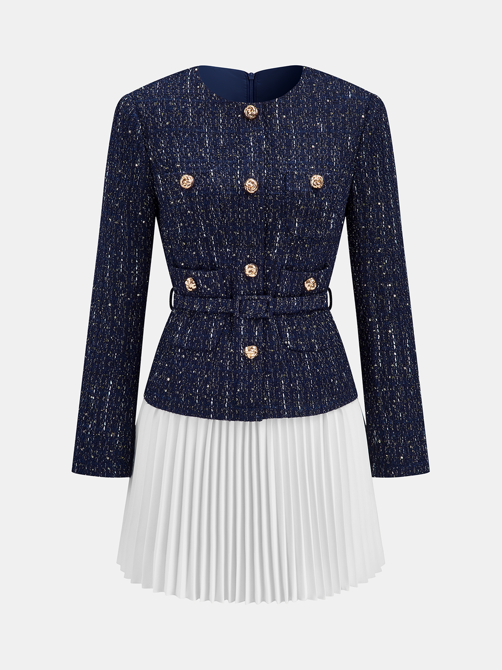 Tweed Mini Dress with Pleated Hem and Belt