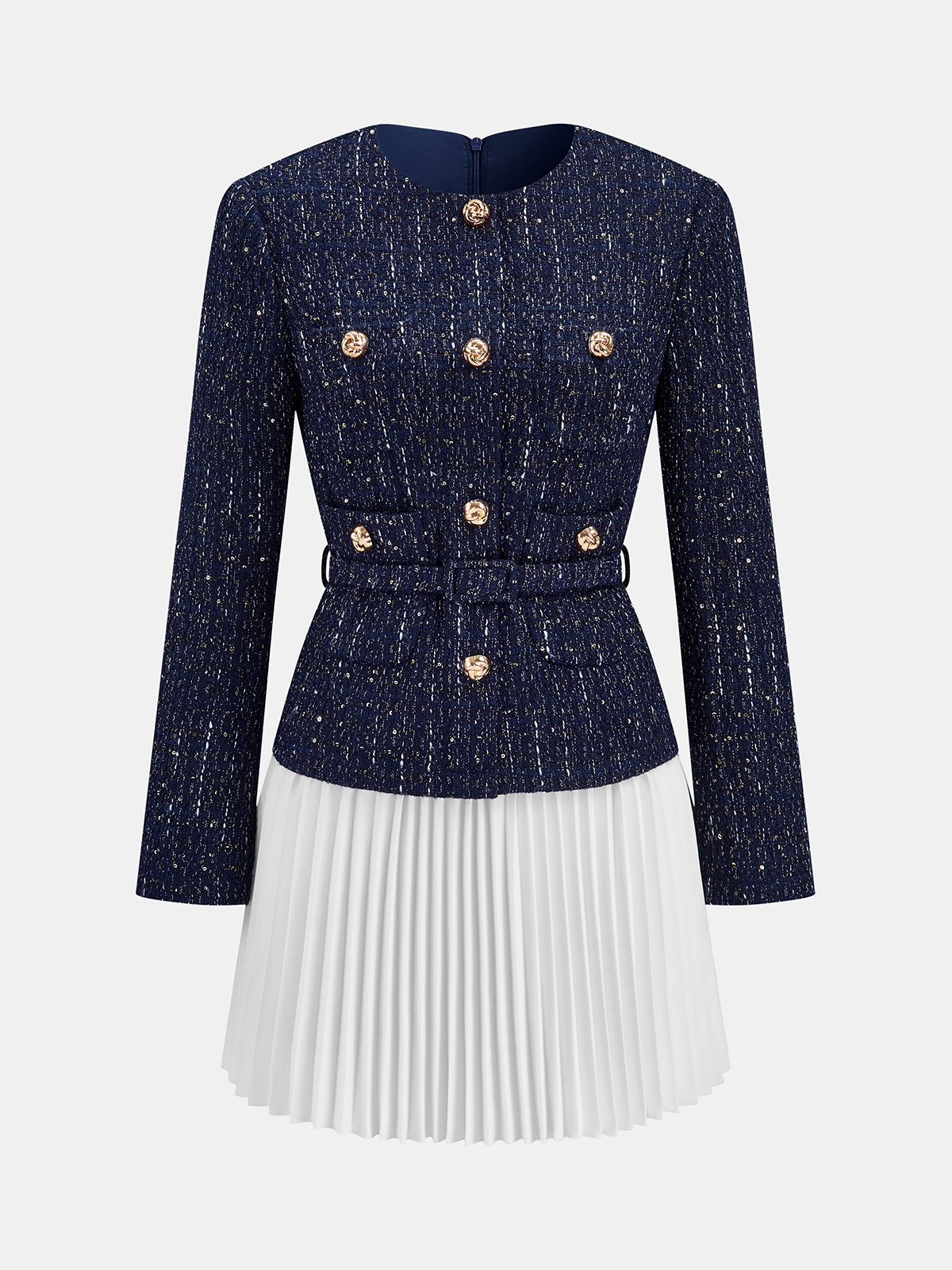 Tweed Mini Dress with Pleated Hem and Belt