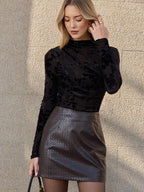 Velvet Floral Top with Sheer Mesh and Mock Neck