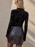 Velvet Floral Top with Sheer Mesh and Mock Neck