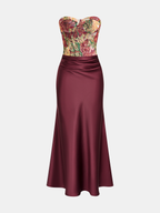 Satin Maxi Dress with Floral Corset and Skirt Panel