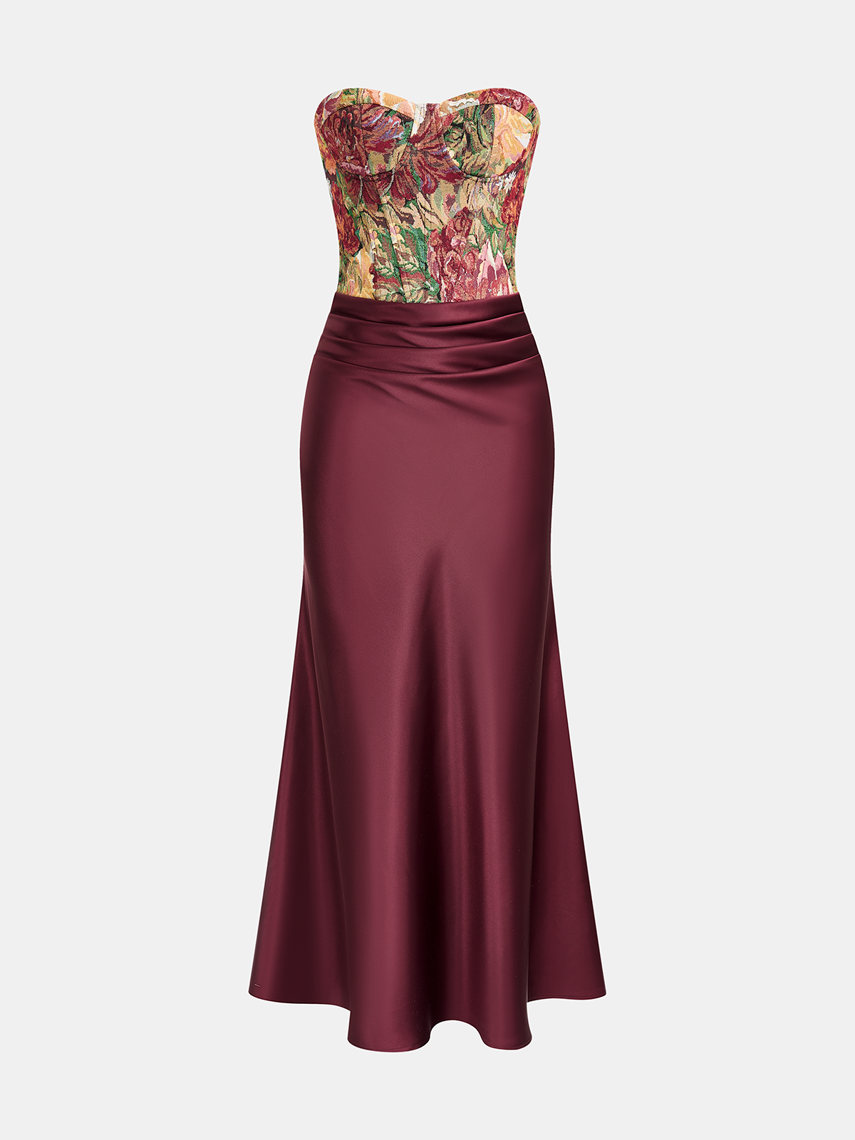 Satin Maxi Dress with Floral Corset and Skirt Panel
