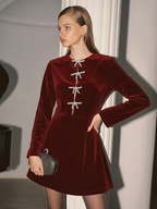 Velvet Mini Dress with Crystal Bow Detail