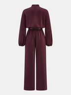 Satin Jumpsuit with Belt and V-Neck Design