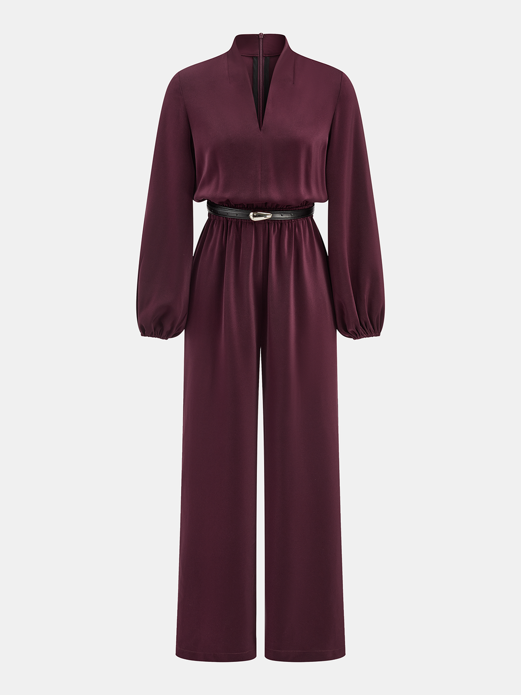 Satin Jumpsuit with Belt and V-Neck Design