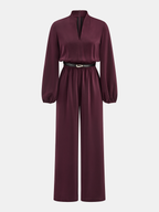 Satin Jumpsuit with Belt and V-Neck Design