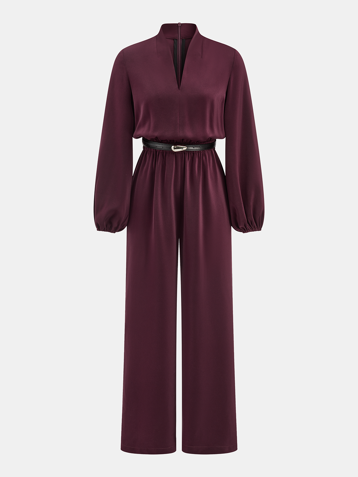 Satin Jumpsuit with Belt and V-Neck Design
