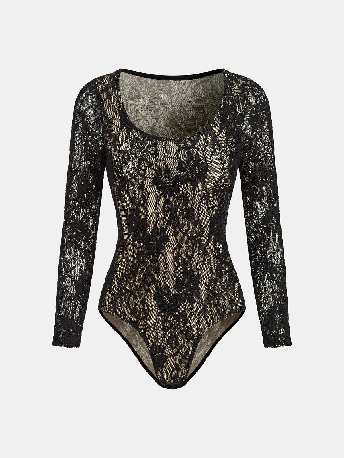 Long-Sleeve Floral Lace Patterned Bodysuit