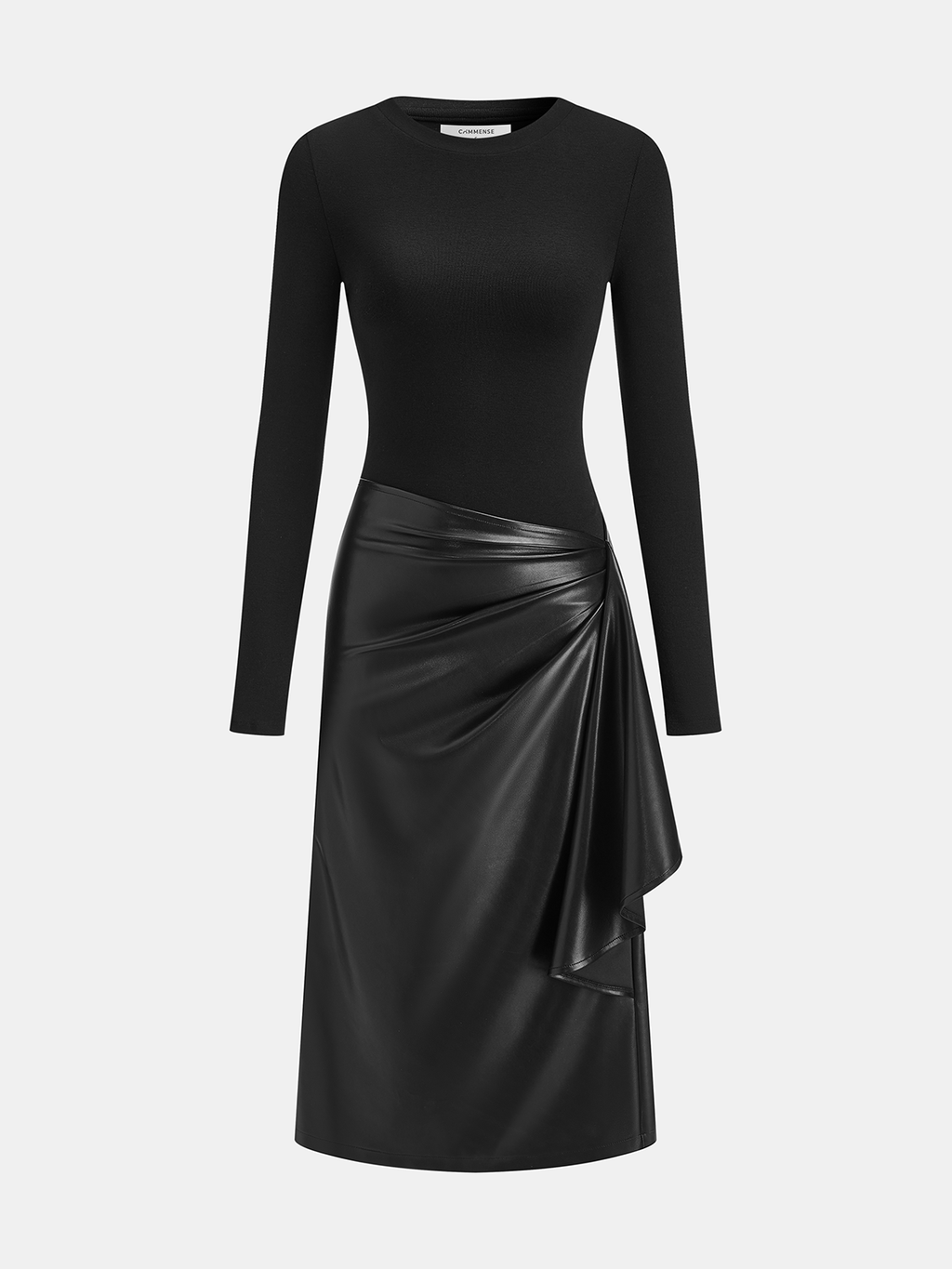 Knit Maxi Dress with Faux Leather Asymmetric Panel