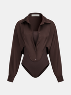 Satin Panel Shirt Bodysuit with Dual Design
