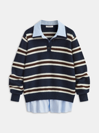 Striped Panel Polo-Style Knit Sweater