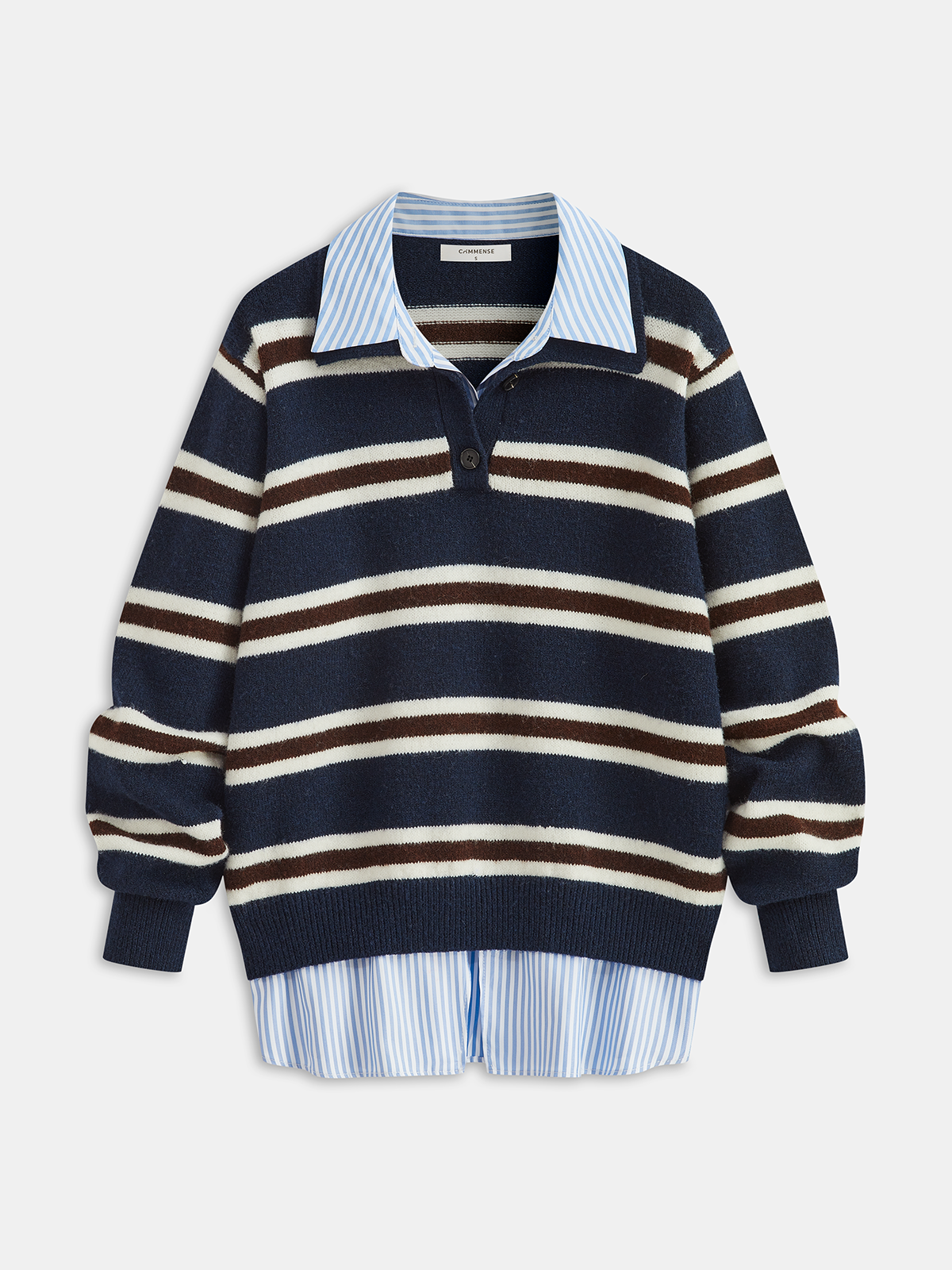 Striped Panel Polo-Style Knit Sweater