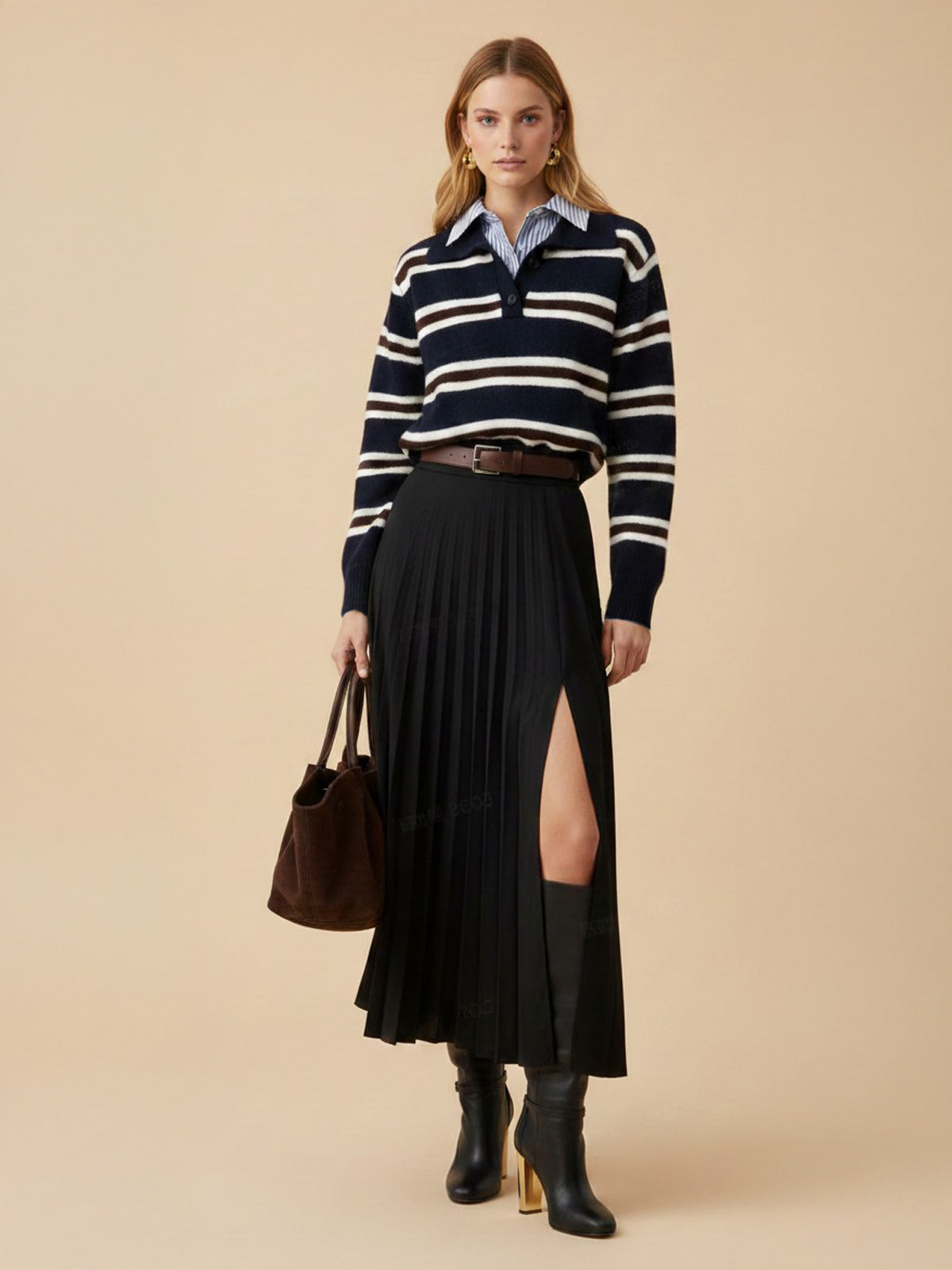 Striped Panel Polo-Style Knit Sweater