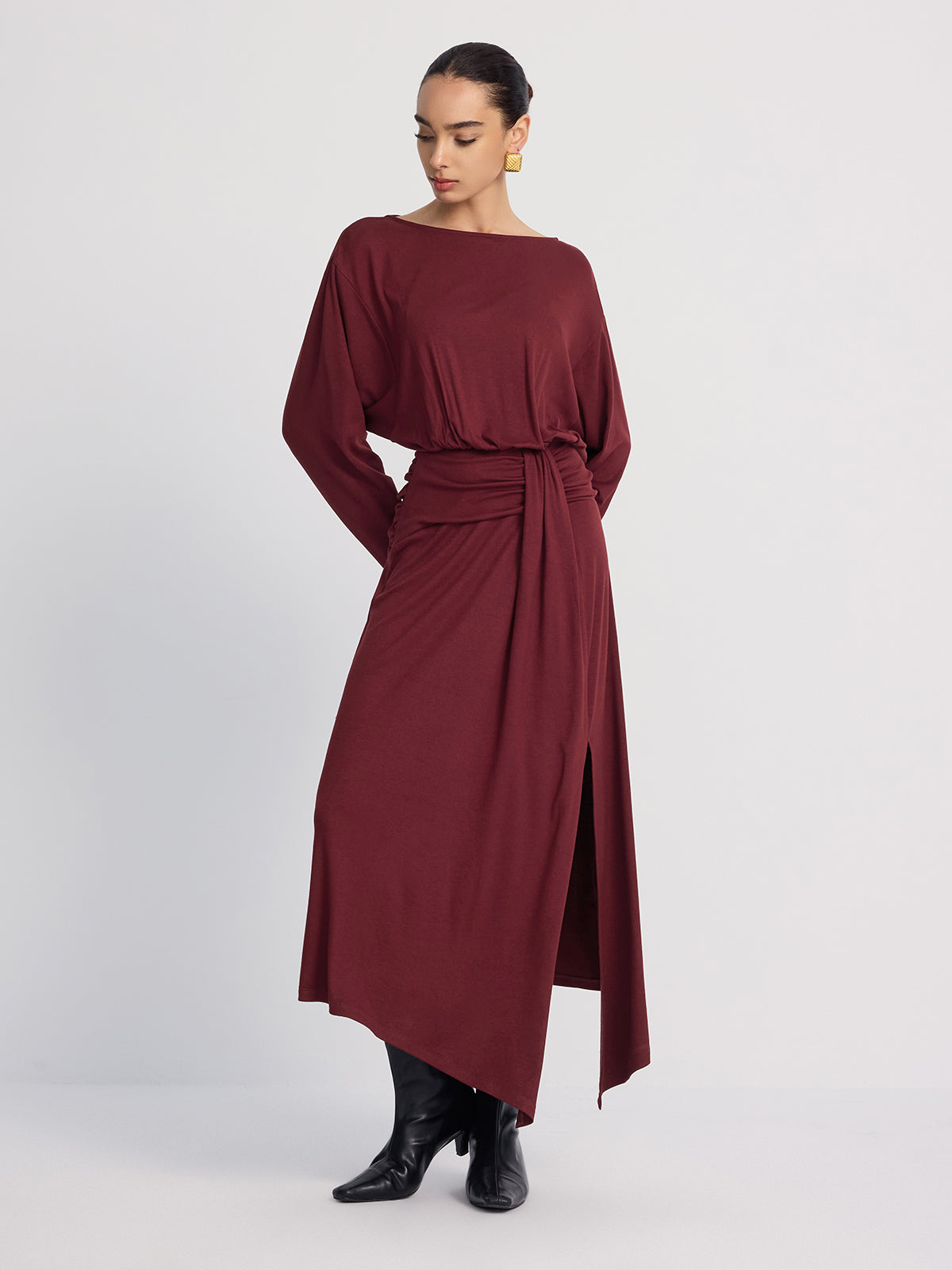 Long Sleeve Maxi Dress with Ruched Details and Slit