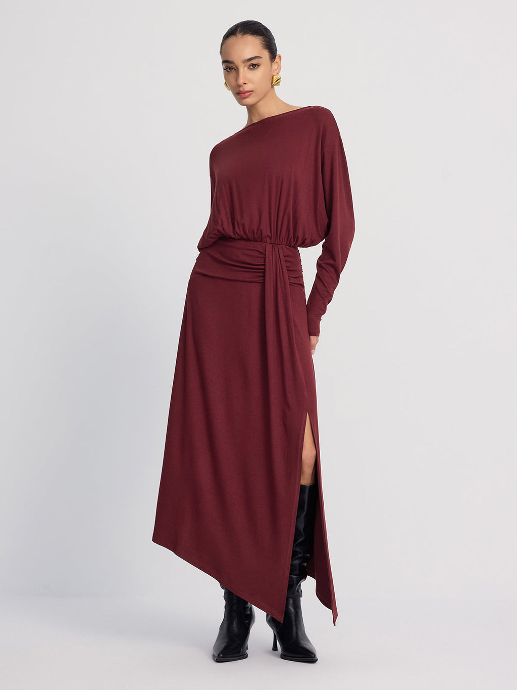 Long Sleeve Maxi Dress with Ruched Details and Slit
