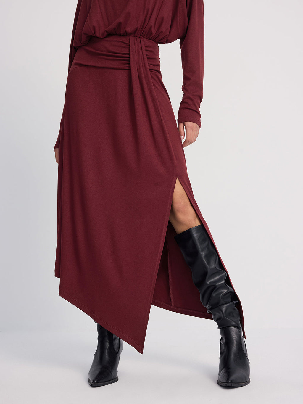 Long Sleeve Maxi Dress with Ruched Details and Slit