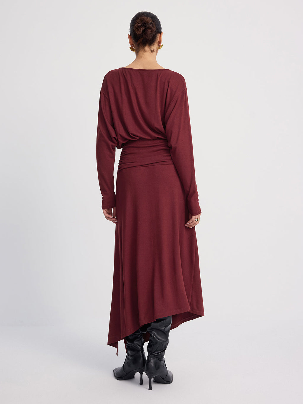 Long Sleeve Maxi Dress with Ruched Details and Slit