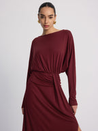 Long Sleeve Maxi Dress with Ruched Details and Slit