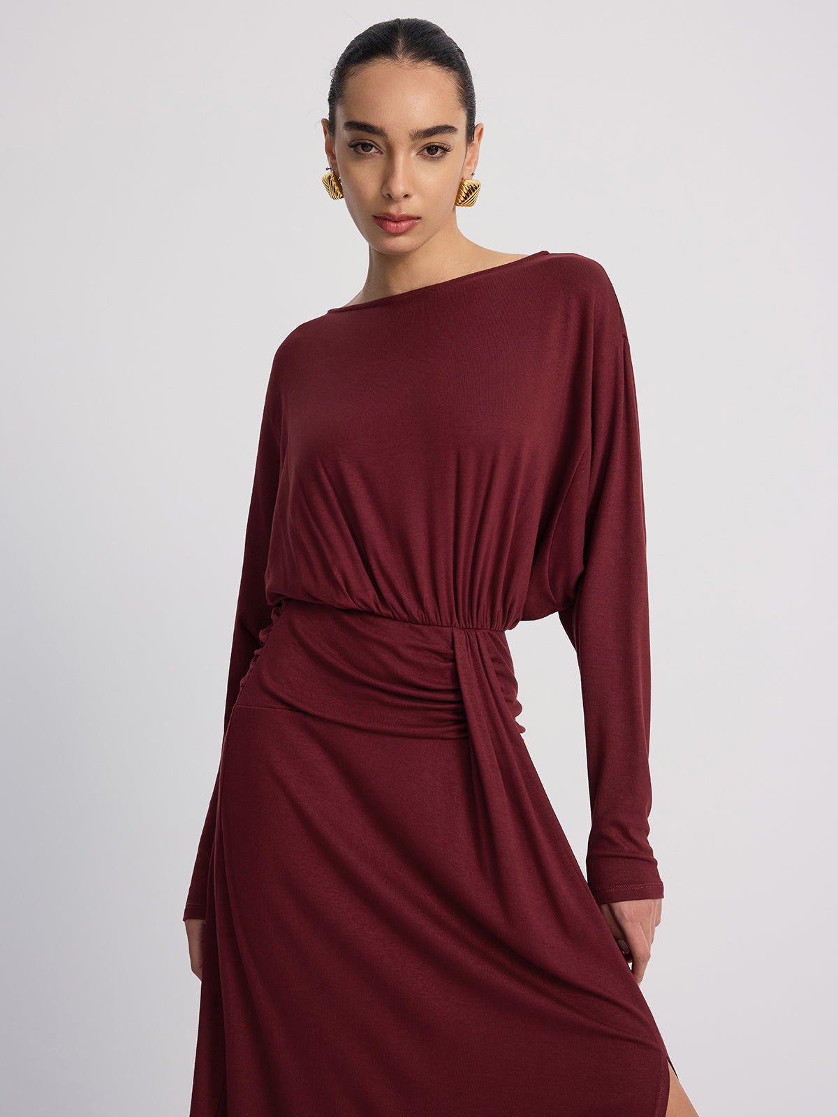 Long Sleeve Maxi Dress with Ruched Details and Slit