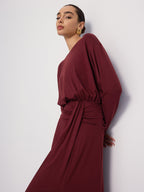 Long Sleeve Maxi Dress with Ruched Details and Slit